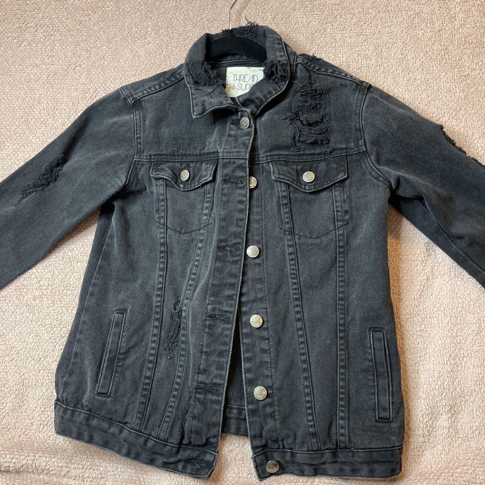 Thread & Supply Jean Jacket Black Distressed Small   Item #4